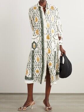 Agua by Agua Bendita Frida Calado Midi Shirt Dress M Ivory Linen Embroidered